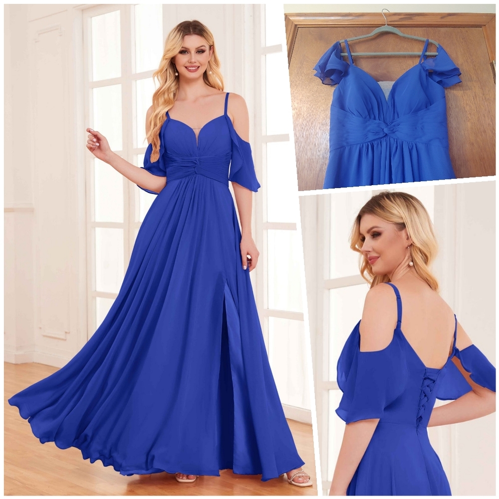 NWOT Royal Blue V Draped Off Shoulder Flutter Bridesmaid Prom Mother Wedding 10